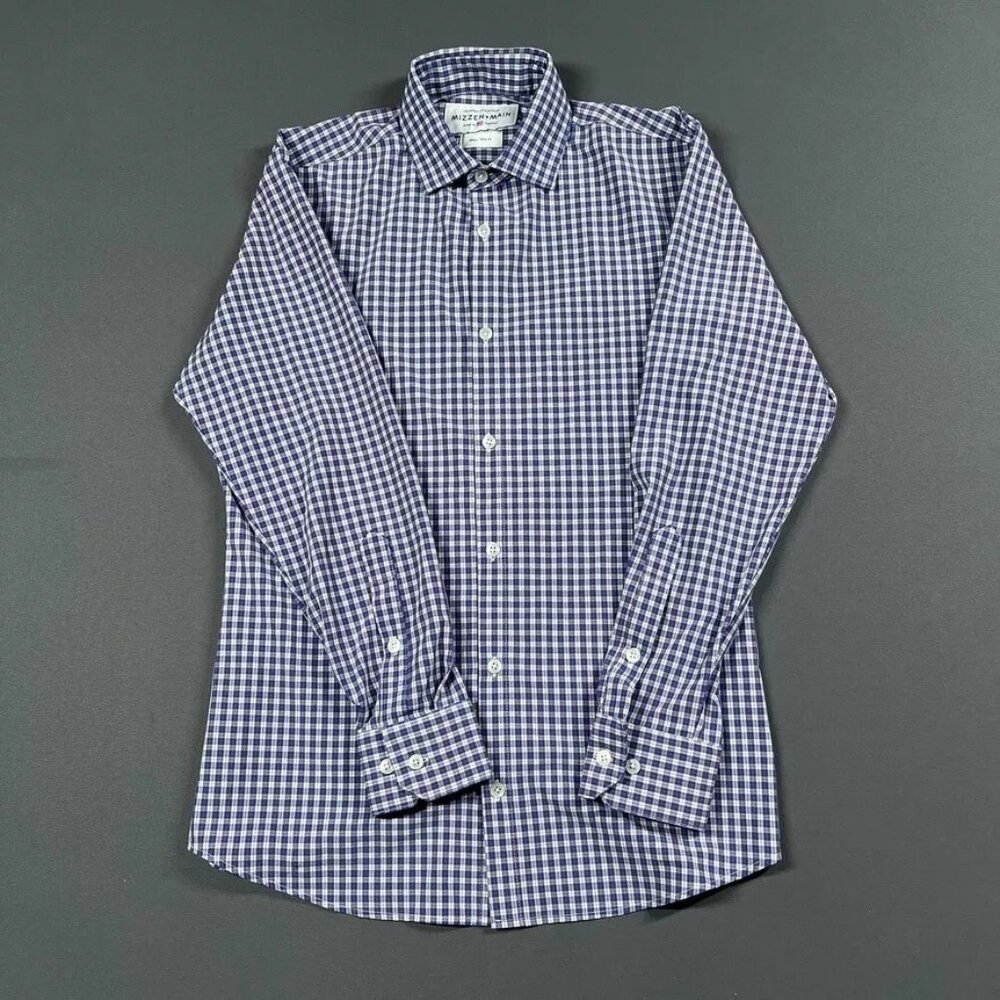 Mizzen Main Shirt Mens Small Purple White Gingham Plaid Trim Fit Leeward USA